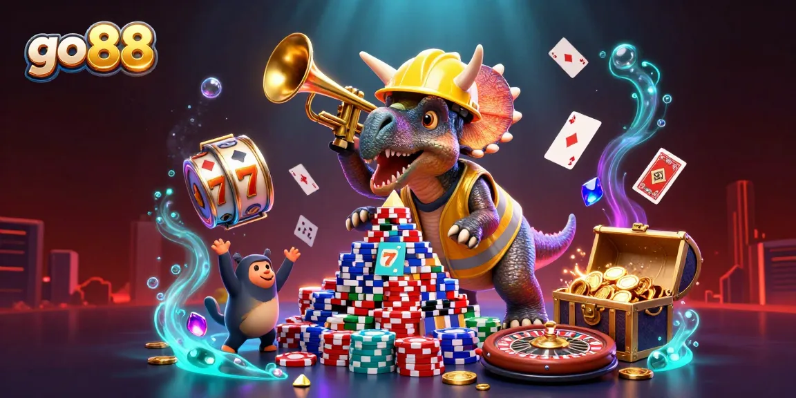 Engage with go 88 in an exciting casino scene featuring animated triceratops and dynamic gambling elements.