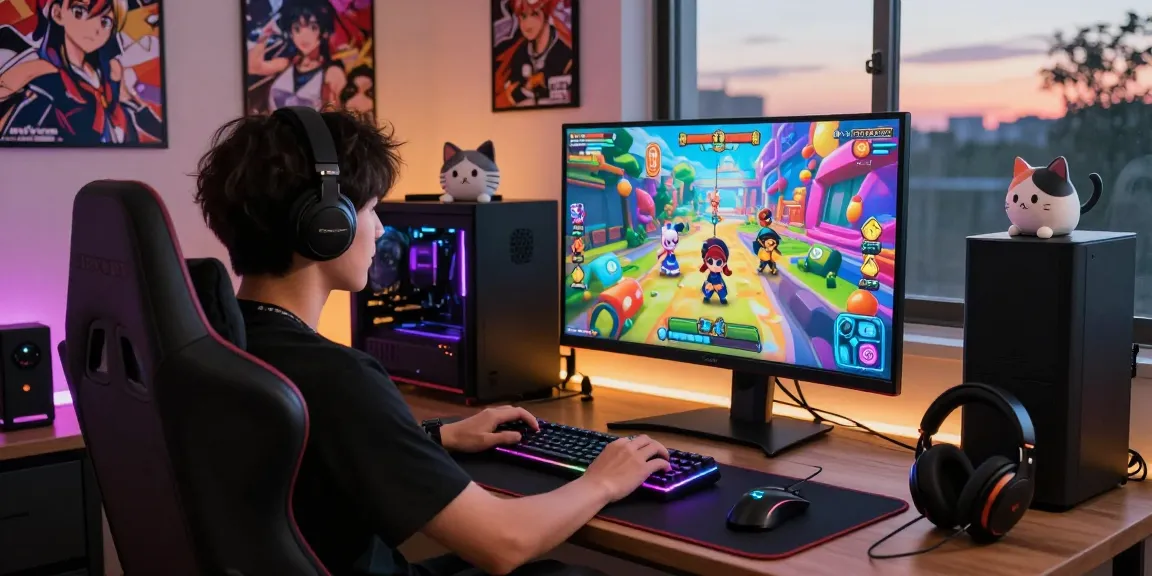 Gamer immersed in ecchi games, vibrant graphics and gaming peripherals in a modern gaming room setup.