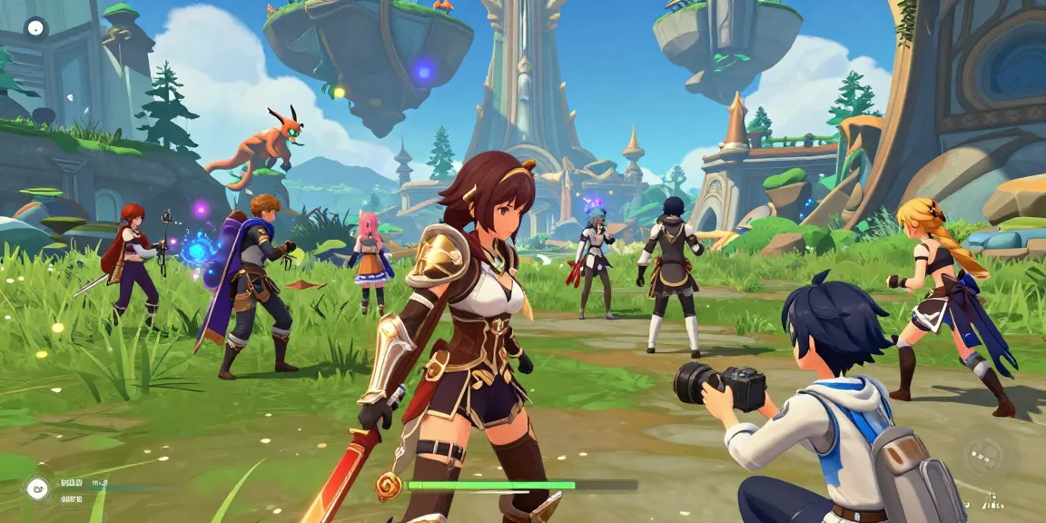 Dynamic scene showcasing players engaged in an ecchi game filled with colorful fantasy characters and lush environments.