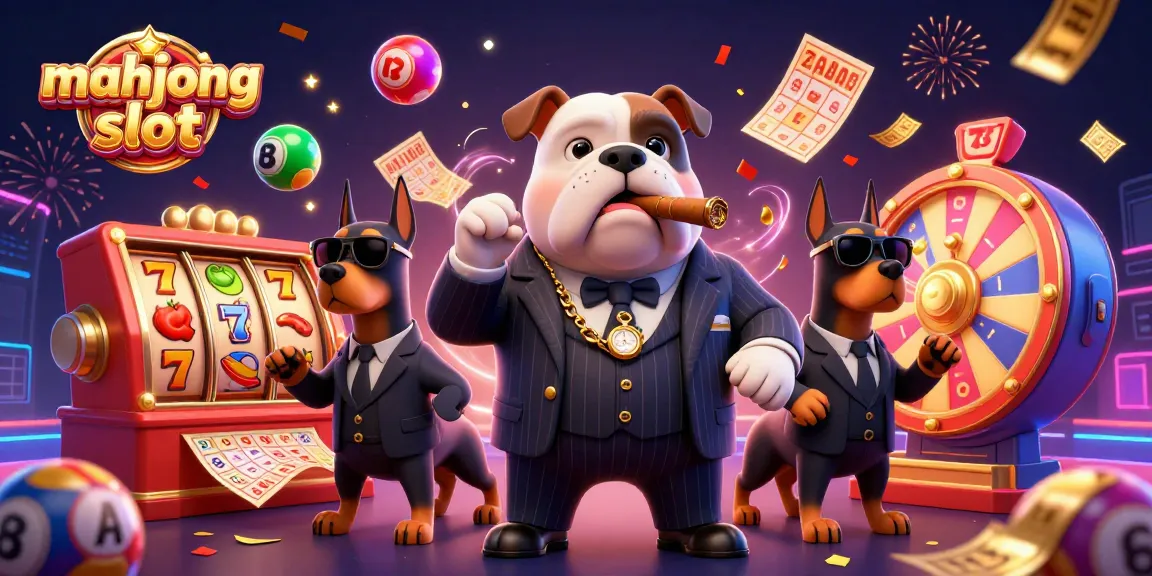 Engage with the mahjong slot experience featuring a festive casino scene with vibrant characters and symbols.