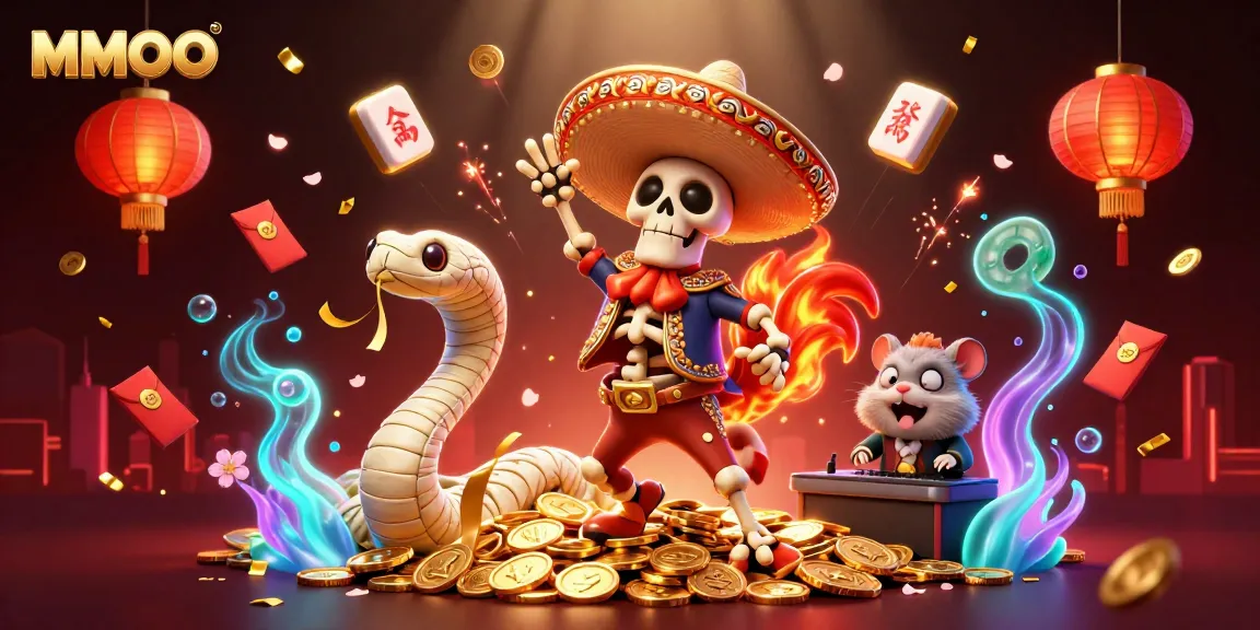 MMOO evokes excitement with a vibrant casino fiesta featuring dynamic characters and golden treasures.