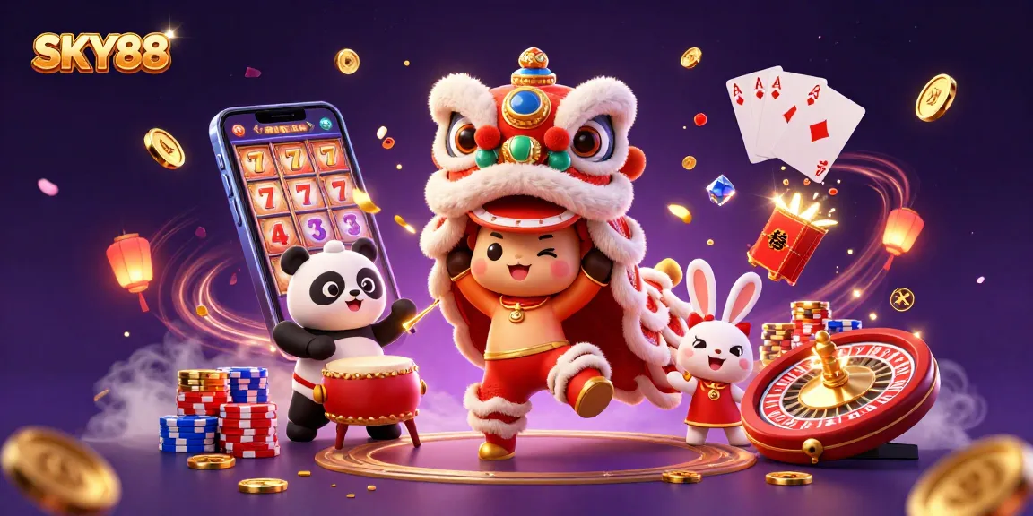 Spin to win with SKY88 in this vibrant slot gaming scene filled with dynamic characters.