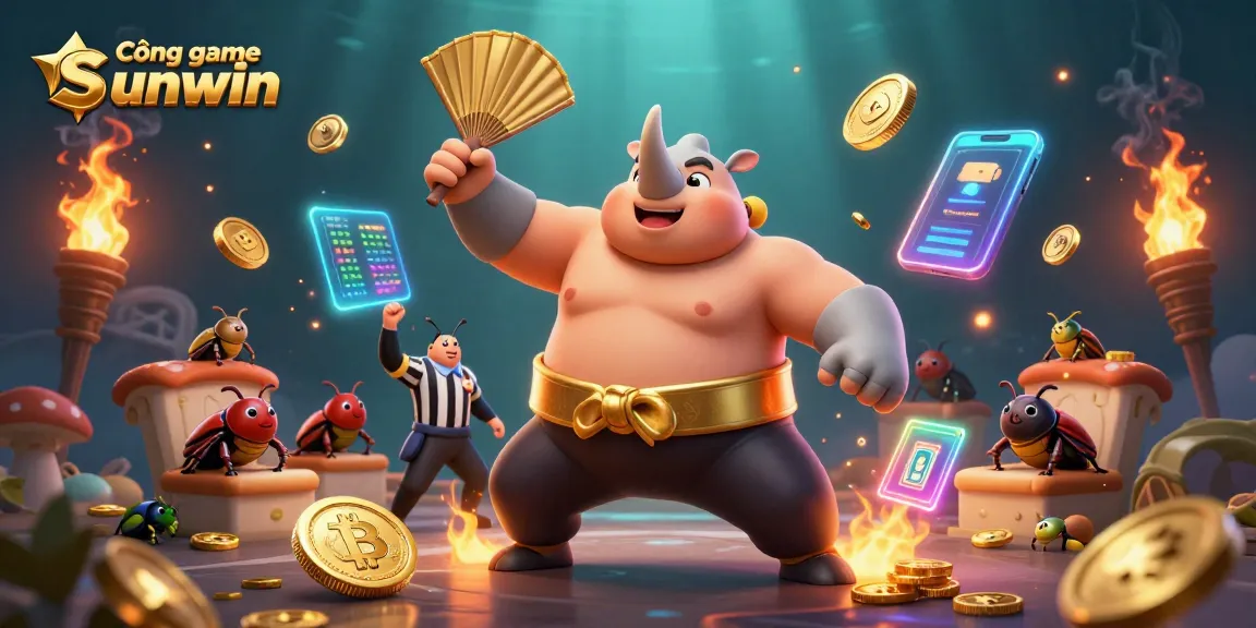 Cổng game Sunwin showcases a dynamic 3D illustration of beetle champions amidst flying Bitcoin and Ethereum coins.