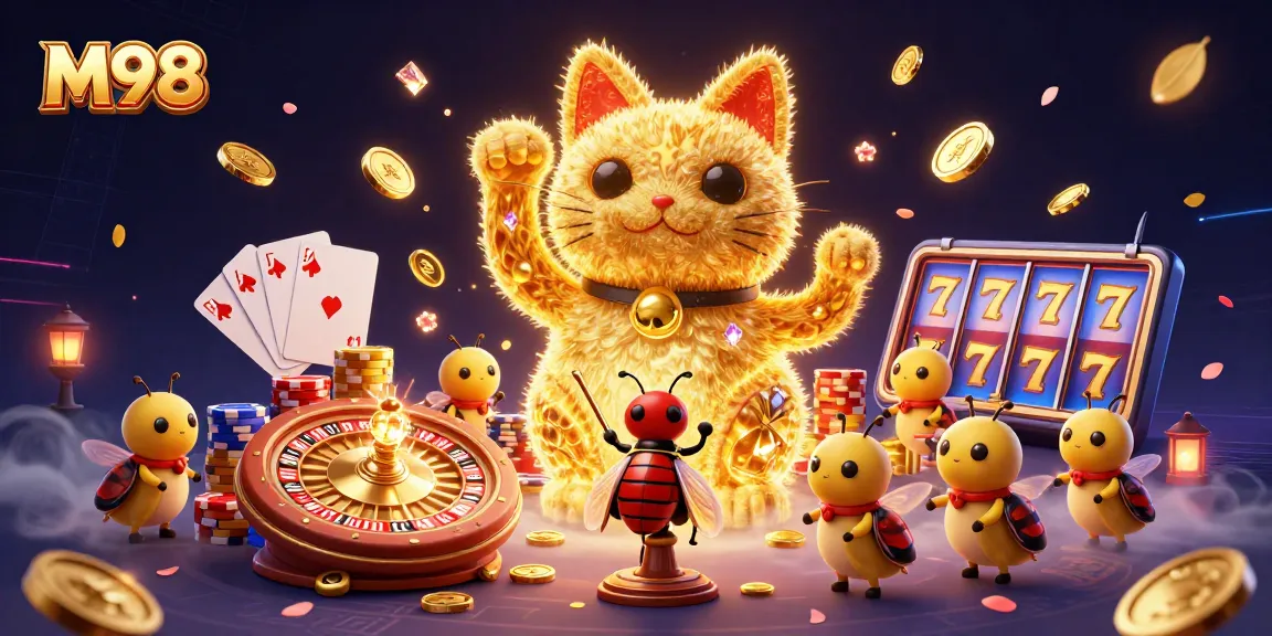 M98 captivates players with a vibrant casino scene featuring bright symbols and golden fireworks.