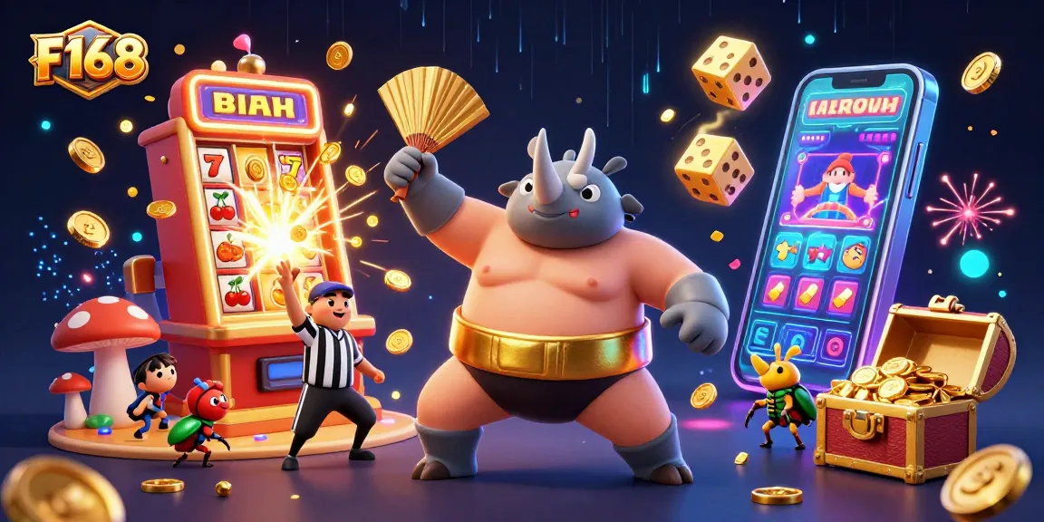 F168 showcases a thrilling casino scene with cartoon characters and game elements bursting with excitement.